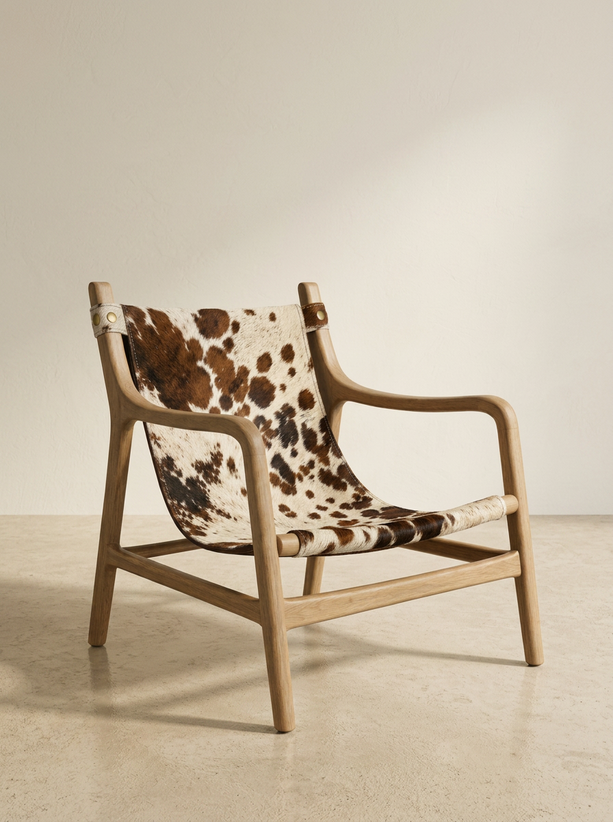 Silla artesanal con asiento de piel de vaca pinta en atelier