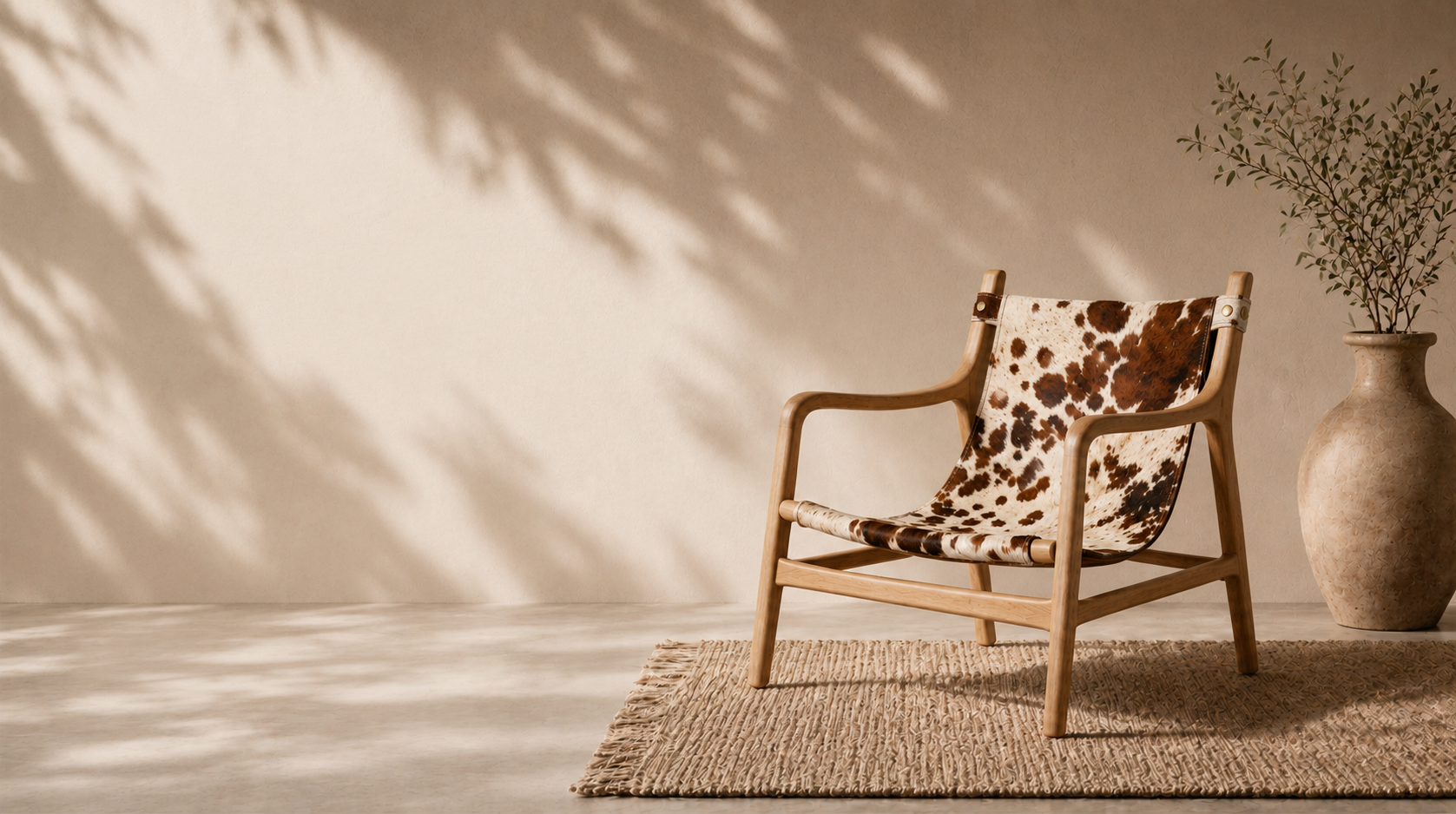 Silla con asiento de piel de vaca pinta y estructura de madera natural en atelier